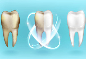 A tooth with different colors and a blue background.