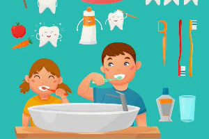 Children brushing their teeth in the bathroom.