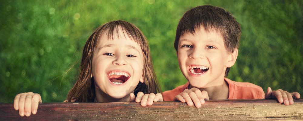 Two children are looking over a wooden fence.