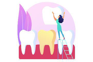 A woman is standing on a ladder in front of a tooth.