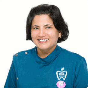 A smiling woman in a blue uniform.